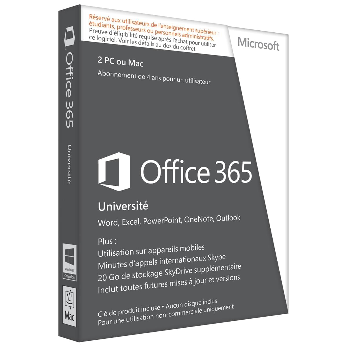 Logiciel suite bureautique Microsoft Office 365 Universite 4 Ans / 2 PC + 2 App. Mob.