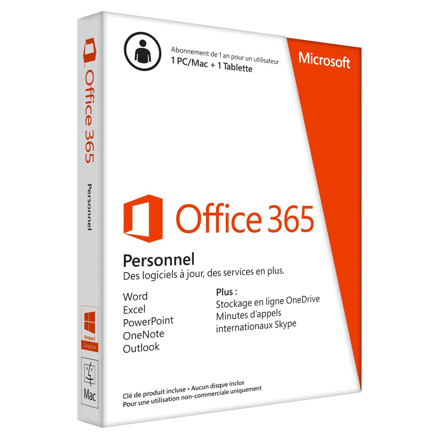 Logiciel suite bureautique Microsoft Office 365 Personnel 1 an