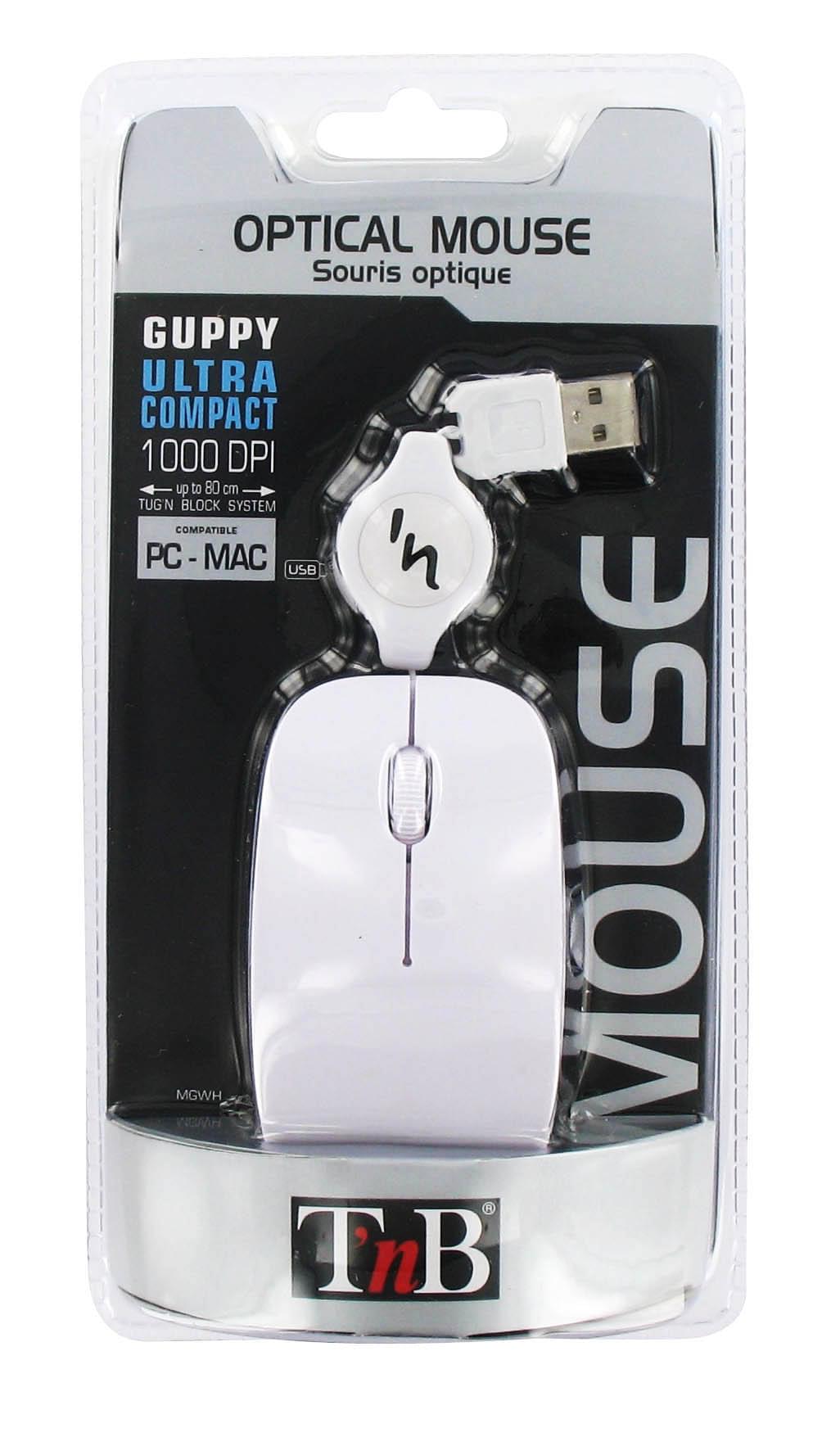 Souris PC T'nB Guppy 2 Blanche - câble rétractable