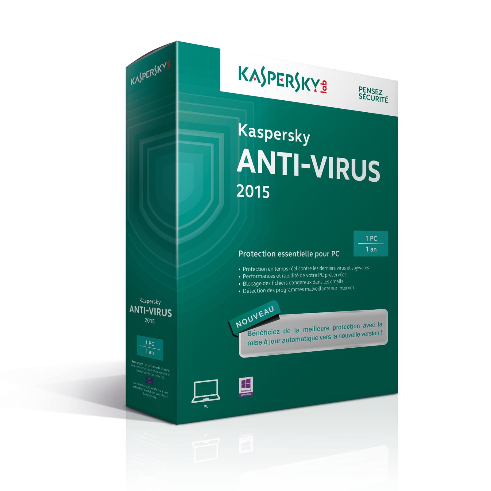 Logiciel sécurité Kaspersky Antivirus 2015 - 1 An / 1 PC