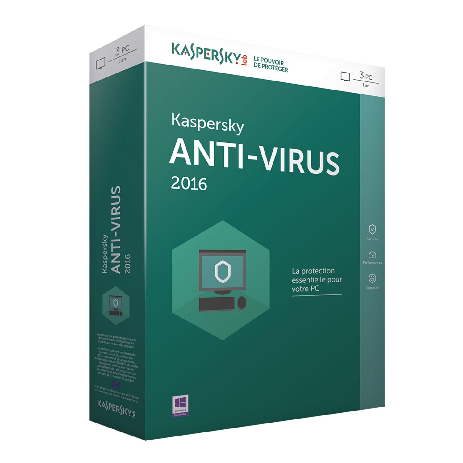 Logiciel sécurité Kaspersky Antivirus 2016 - 1 An / 3 PC