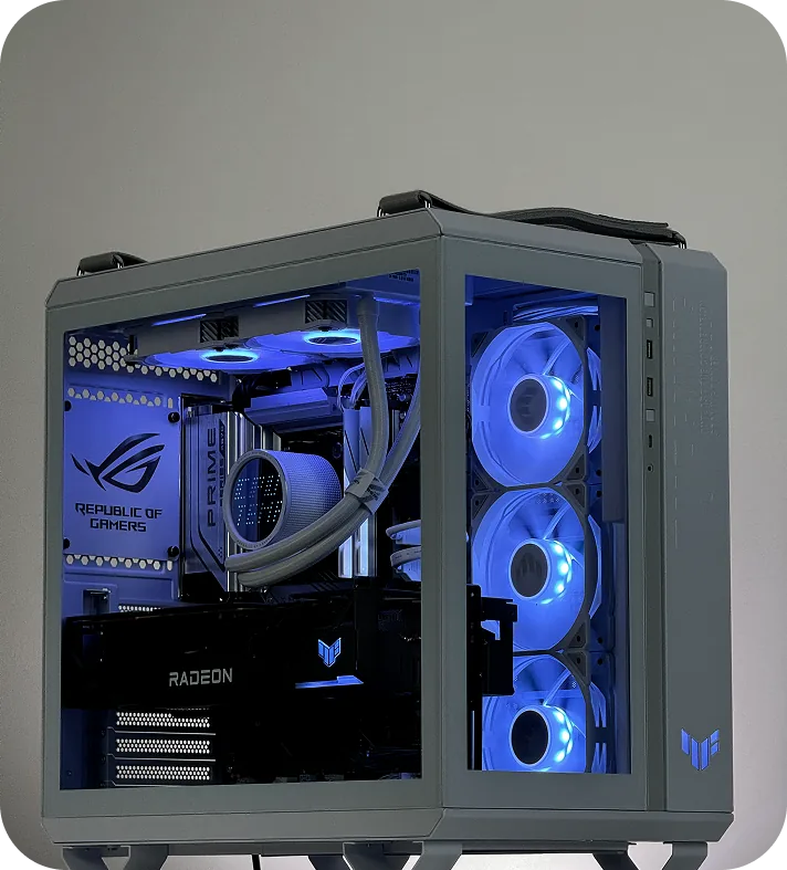 Config ROG grise, ventilateurs bleus