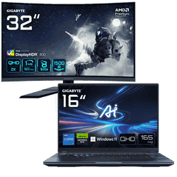 PC portable Gigabyte AORUS 16X - 16" QHD 165Hz i7-13650HX RTX 4060 16Go 1To W11 + 32" QHD CURVE 165Hz Cybertek