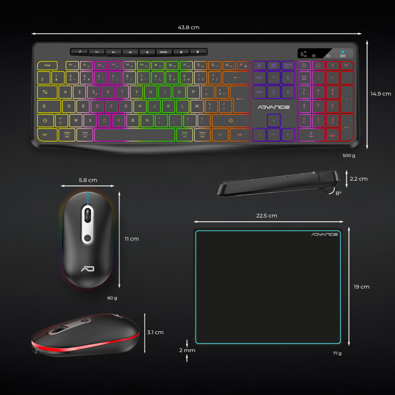 Advance R-TYPE Combo Noir Sansfil/RGB/Batterie/IPX4/WinMac - Pack Clavier/Souris - 7