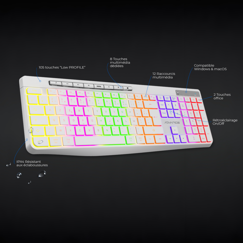 Advance R-TYPE Blanc Sans fil/RGB/Batterie/IPX4/Win et Mac - Clavier PC - 3