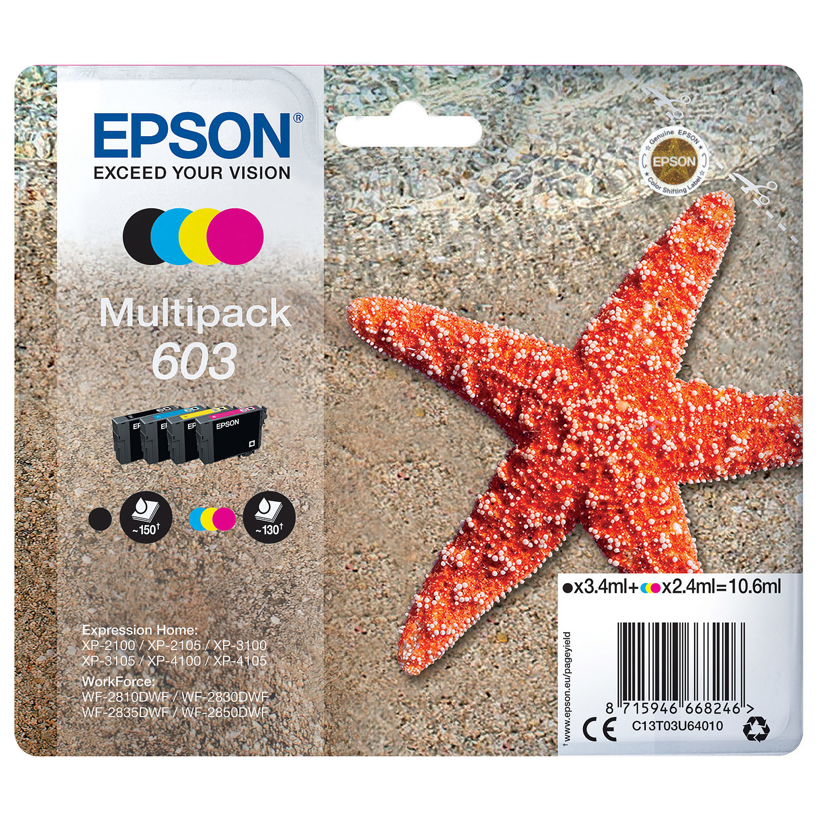 Multipack 4 couleurs 603 - C13T03U64010 pour imprimante Jet d'encre Epson - 0