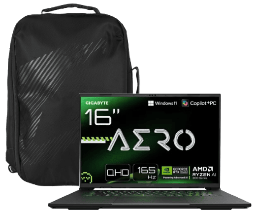 PC portable Gigabyte AERO X16 - 16" QHD+ 165Hz Ryzen AI7 350 RTX 5060 16Go 1To W11 + Sac à dos Cybertek