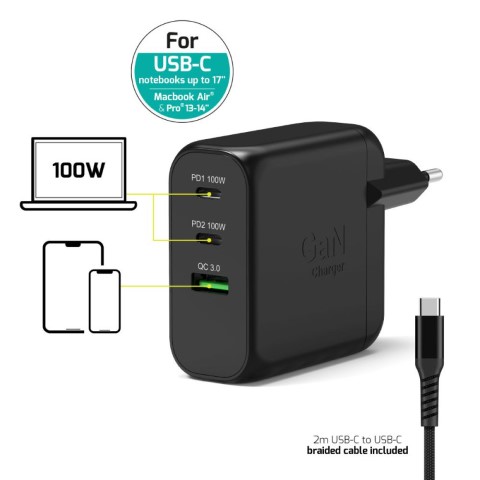 Port Chargeur mural GaN 100W - 3 ports + Câble USB-C 2m (902100EPEU) - Achat / Vente Chargeur sur Cybertek.fr - 1