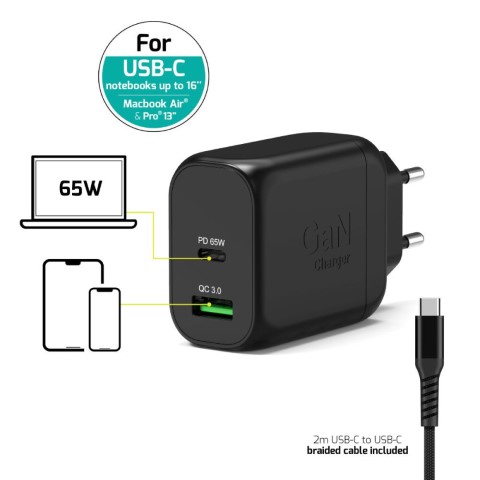 Port Chargeur mural GaN 65W - 2 ports + Câble USB-C 2m (902065EPEU) - Achat / Vente Chargeur sur Cybertek.fr - 1