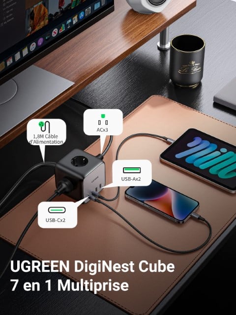 UGREEN Station de charge cube 7 ports - 65W - Noir/Gris (60113) - Achat / Vente Chargeur sur Cybertek.fr - 1