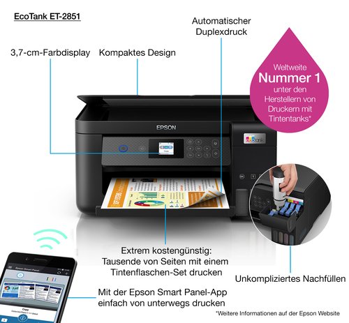 Imprimante Epson EcoTank ET-2851 - A4/Wi-Fi/ Garantie 3 ans# - 12