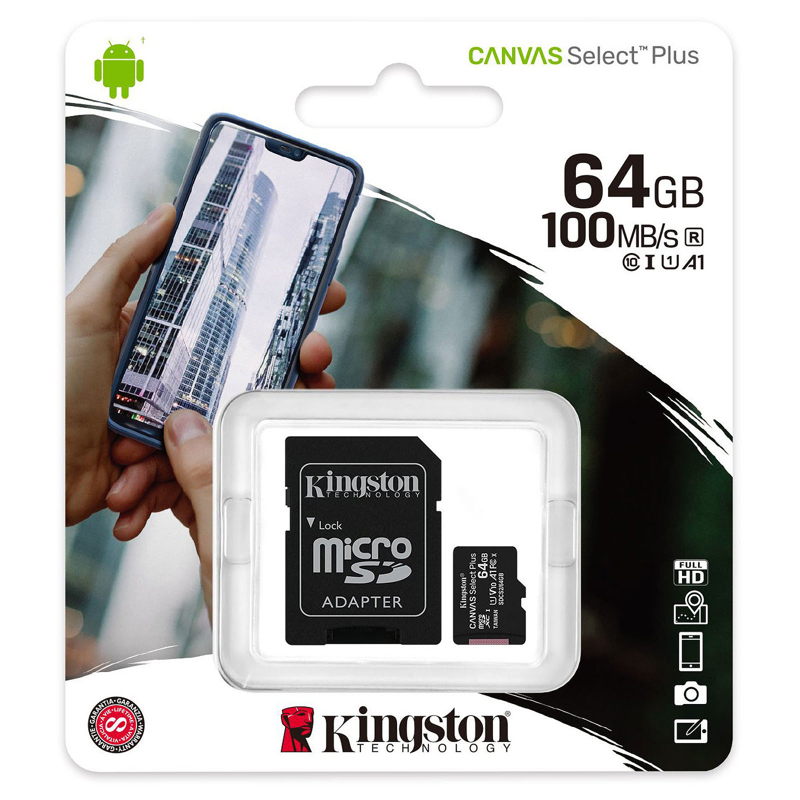 Carte mémoire Kingston Micro SDHC 64Go Class 10 + Adapt SDCS2/64GB