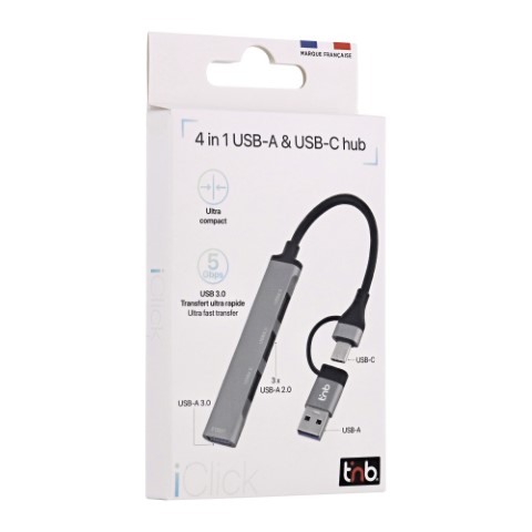 iClick Hub USB-A/USB-C/4 ports/Gris - Accessoire PC portable T'nB - 1