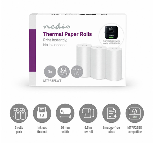 Rouleaux de papier thermique - MTPR3STWT pour imprimante Transfert thermique Nedis - 0