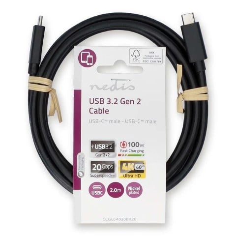 Câble USB-C 3.2 mâle/mâle - 100W - 2m - Noir - Connectique PC - 0