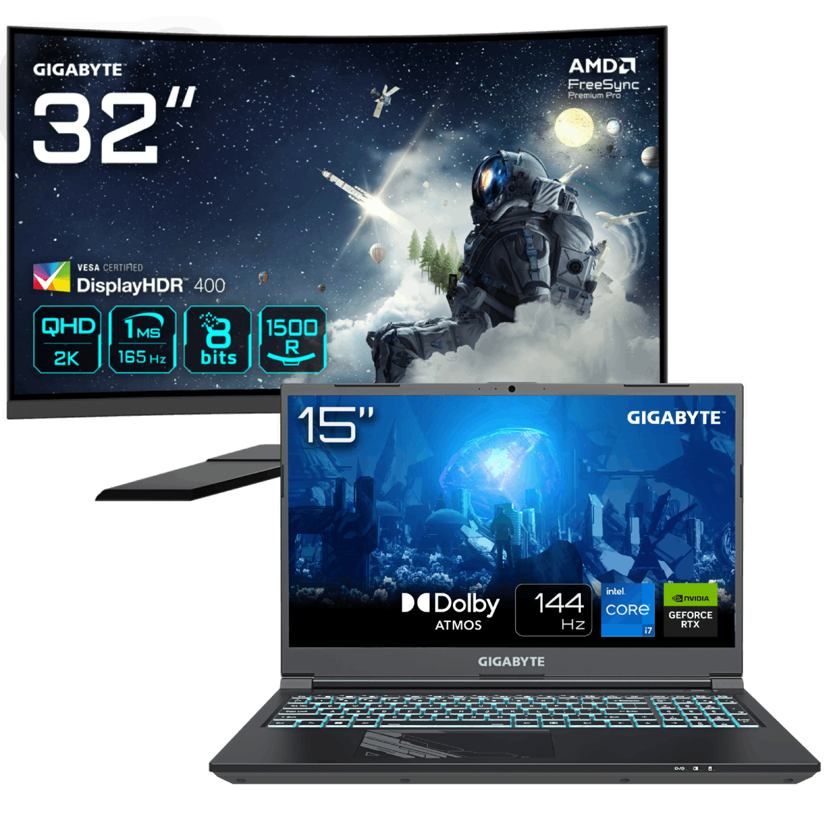 PC portable Gigabyte G5 MF5-H2FR354KH - 15.6" FHD 144Hz i7-13620H RTX 4050 16Go 1To W11 + 32" CURVE QHD 165Hz Cybertek