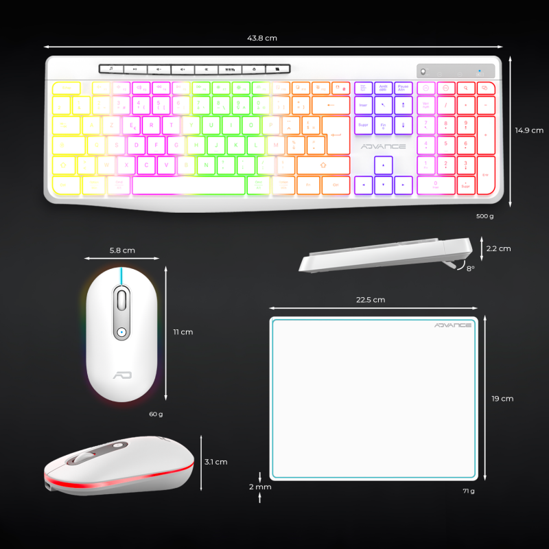 Advance R-TYPE Combo Blanc Sansfil/RGB/Batt./IPX4/WinMac - Pack Clavier/Souris - 6