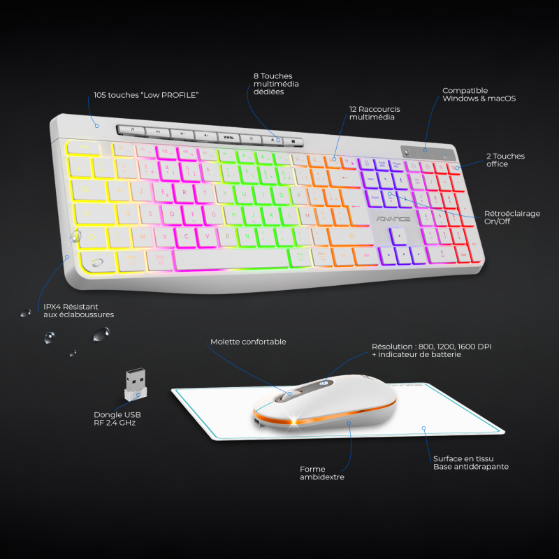 Advance R-TYPE Combo Blanc Sansfil/RGB/Batt./IPX4/WinMac - Pack Clavier/Souris - 2