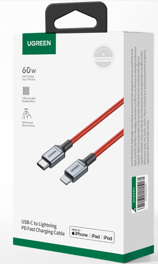 Câble USB-C vers Lightning/Tressé/60W/1m/Rouge - Connectique PC - 1