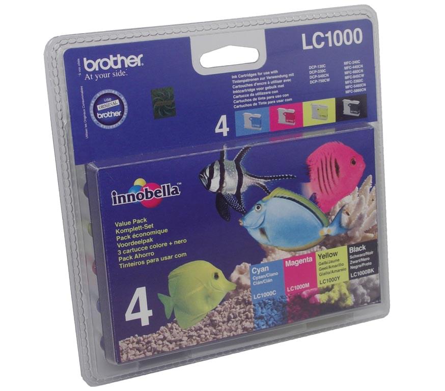 Pack de 4 cartouches LC1000 BK/C/M/Y pour imprimante Jet d'encre Brother - 0