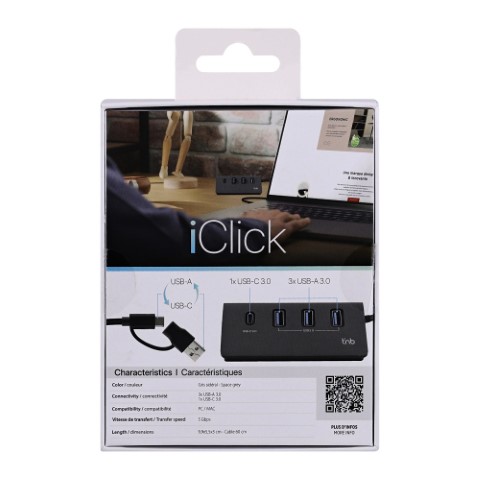 Hub USB-A/USB-C 3.0/4 ports/Gris - Accessoire PC portable T'nB - 3