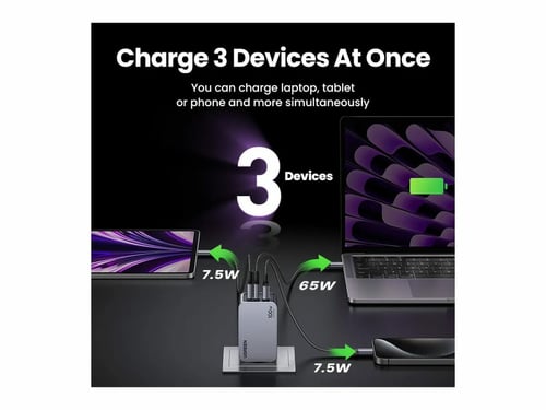 UGREEN Chargeur secteur 100W 3 ports + Câble USB-C - 1,5m (25874) - Achat / Vente Chargeur sur Cybertek.fr - 3