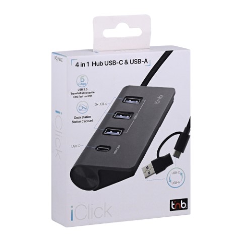 Hub USB-A/USB-C 3.0/4 ports/Gris - Accessoire PC portable T'nB - 1