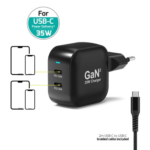 Chargeur mural 35W - 2 ports USB-C+Câble USB-C-2m - Accessoire téléphonie Port - 1