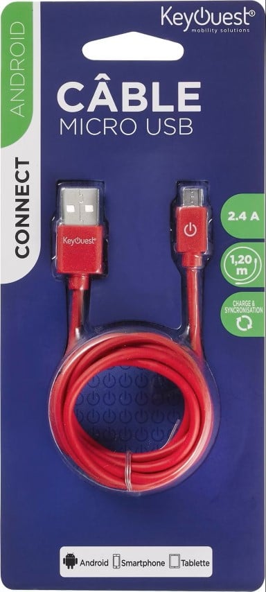Câble USB-A/Micro USB B - 1.2m - Rouge# - Connectique PC - 0