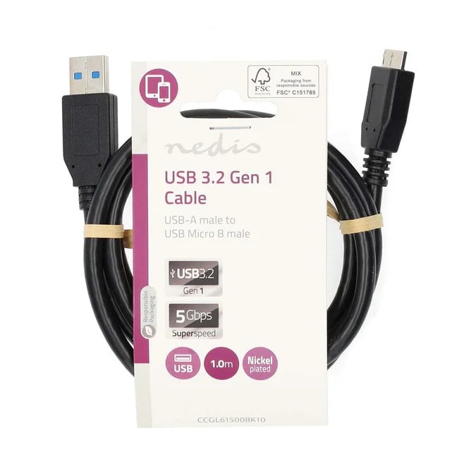 Câble USB-A vers USB Micro-B mâle/mâle - 1m - Noir - Connectique PC - 0