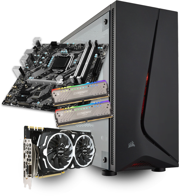 Assemblage PC avec composants visible : carte mère, barrette de RAM et carte graphique