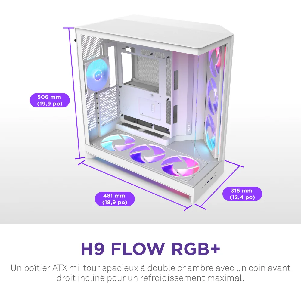 NZXT H9 Flow RGB+ Blanc - MT/Sans Alim/E-ATX, vue 5