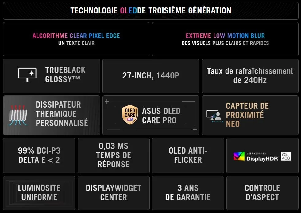 Asus ROG Strix OLED XG27AQDMGR - 26.5" WOLED QHD 240Hz G-Sync compatible, vue 7