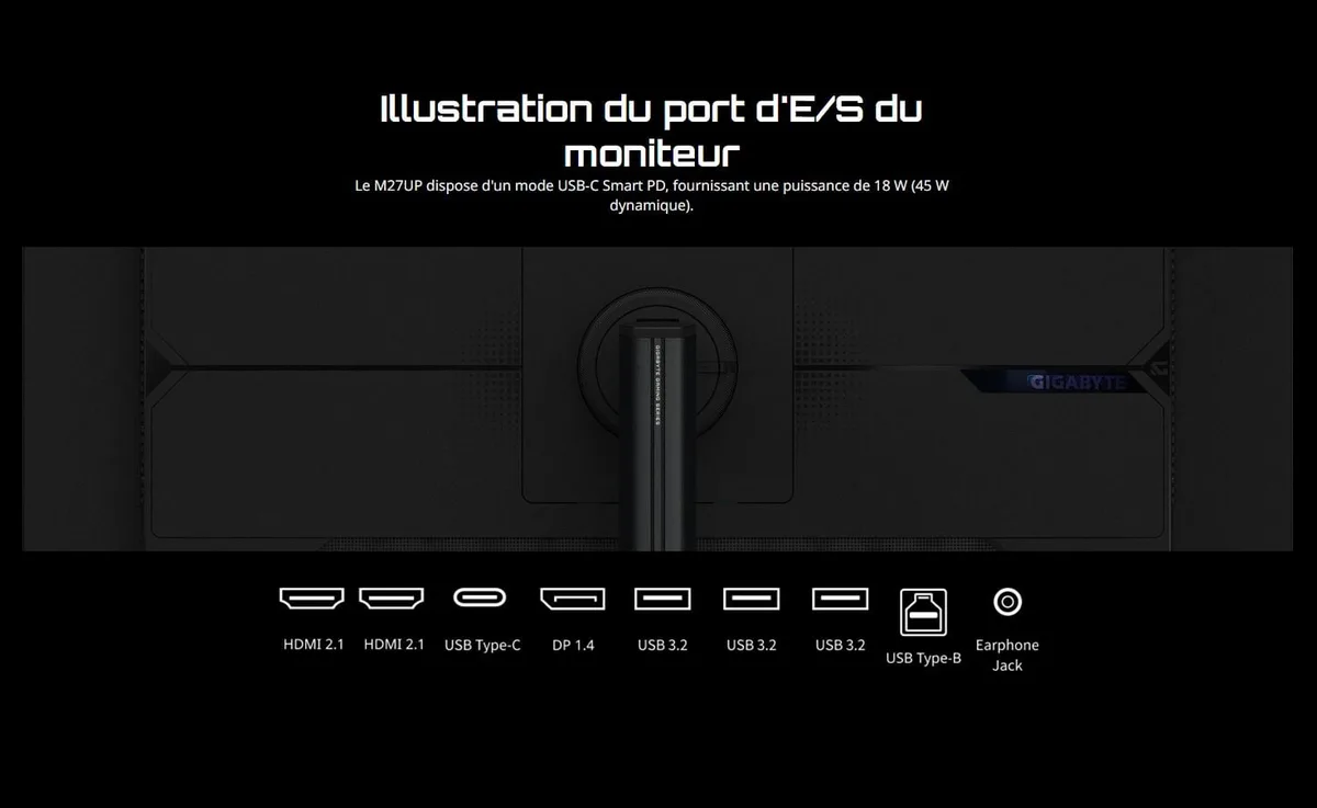 Gigabyte M27UP - 27" 4K 160Hz ou FHD 320Hz Fast-IPS USB-C KVM Pivot HP FreeSync Premium Pro, vue 6