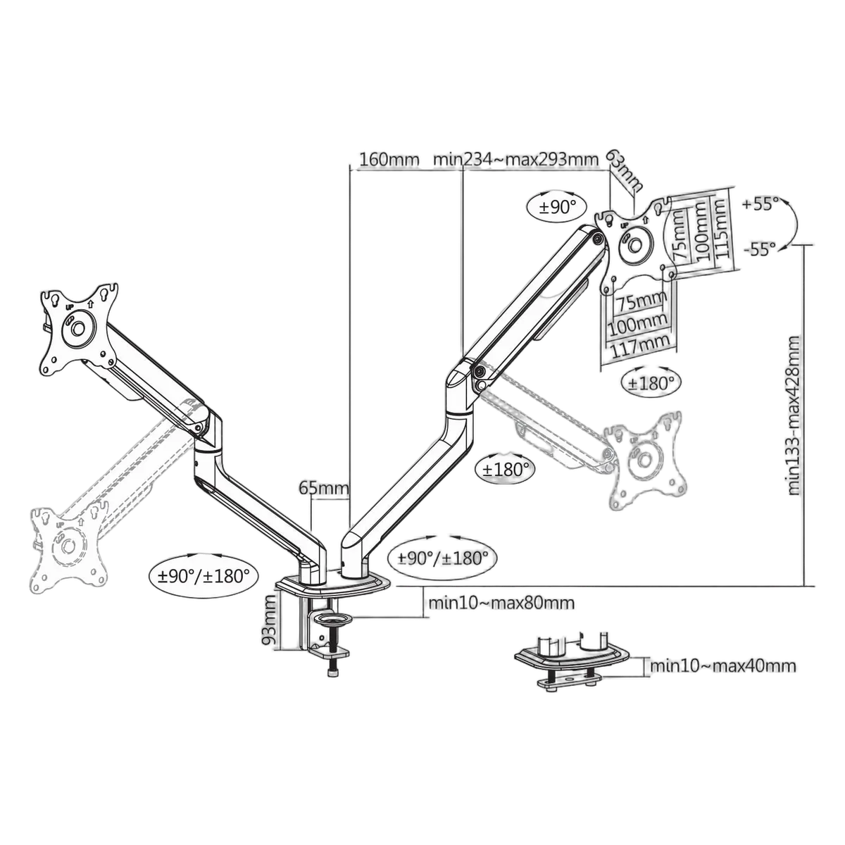 Kimex International Support de bureau Full Motion 2 écrans 17"- 32" VESA Max 100x100 Charge Max 18Kg, vue 3