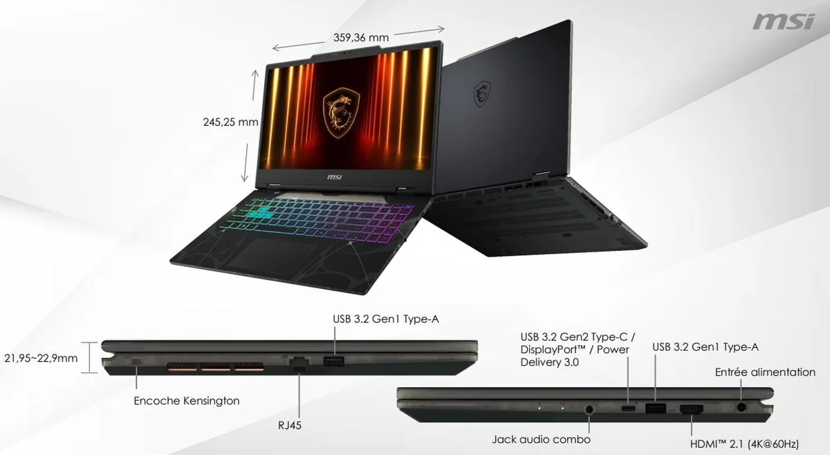MSI Cyborg 15 B2RWEKG-400XFR - 15.6" Intel Core 5 210H RTX 5050 16Go 512Go Sans OS, vue 5