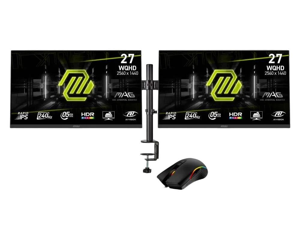 MSI 2 x 27" QHD 240Hz Fast-IPS FreeSync Premium + Support double + Souris, vue 1