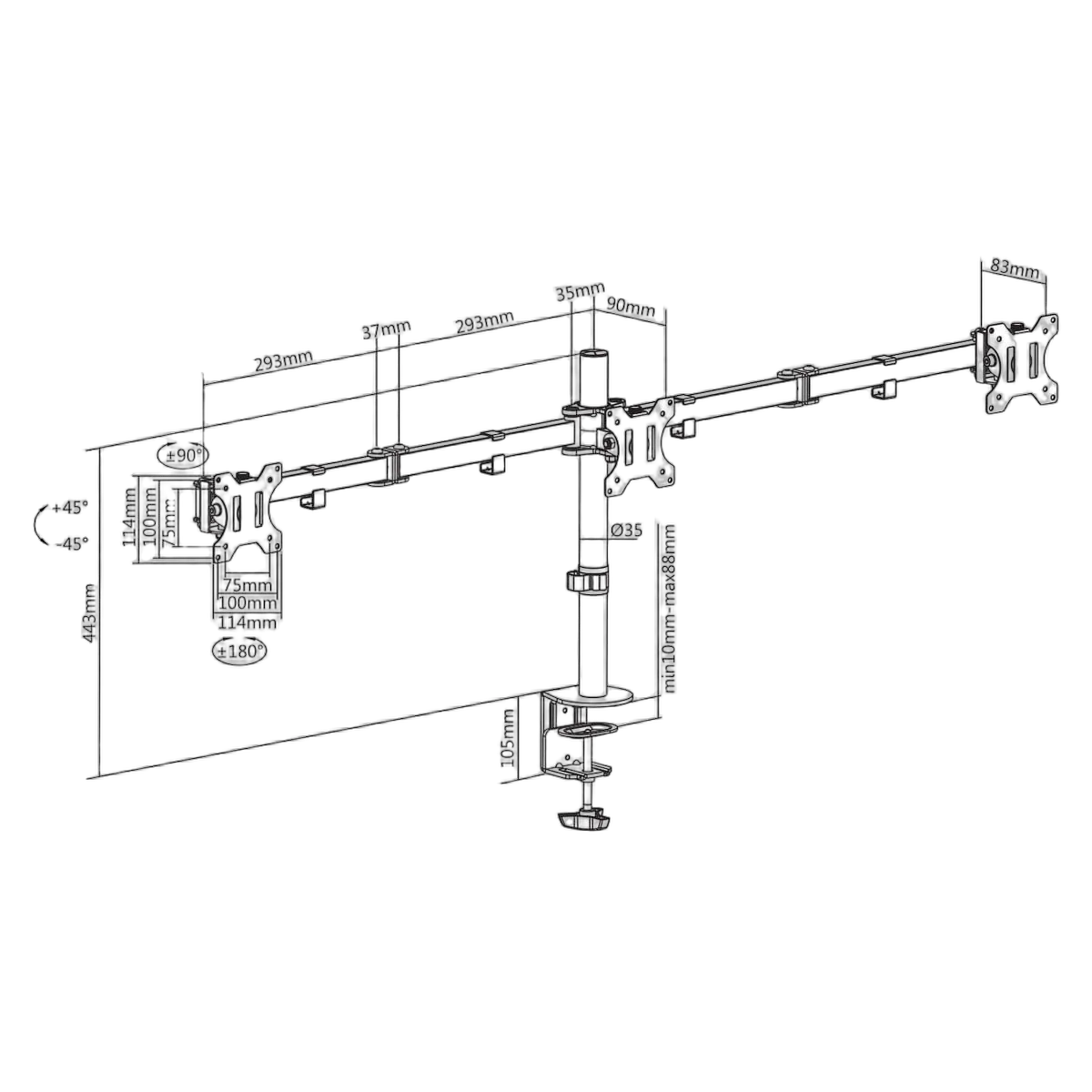 Kimex International Support bureau 3 écrans 13" à 27" VESA 100x100, vue 2