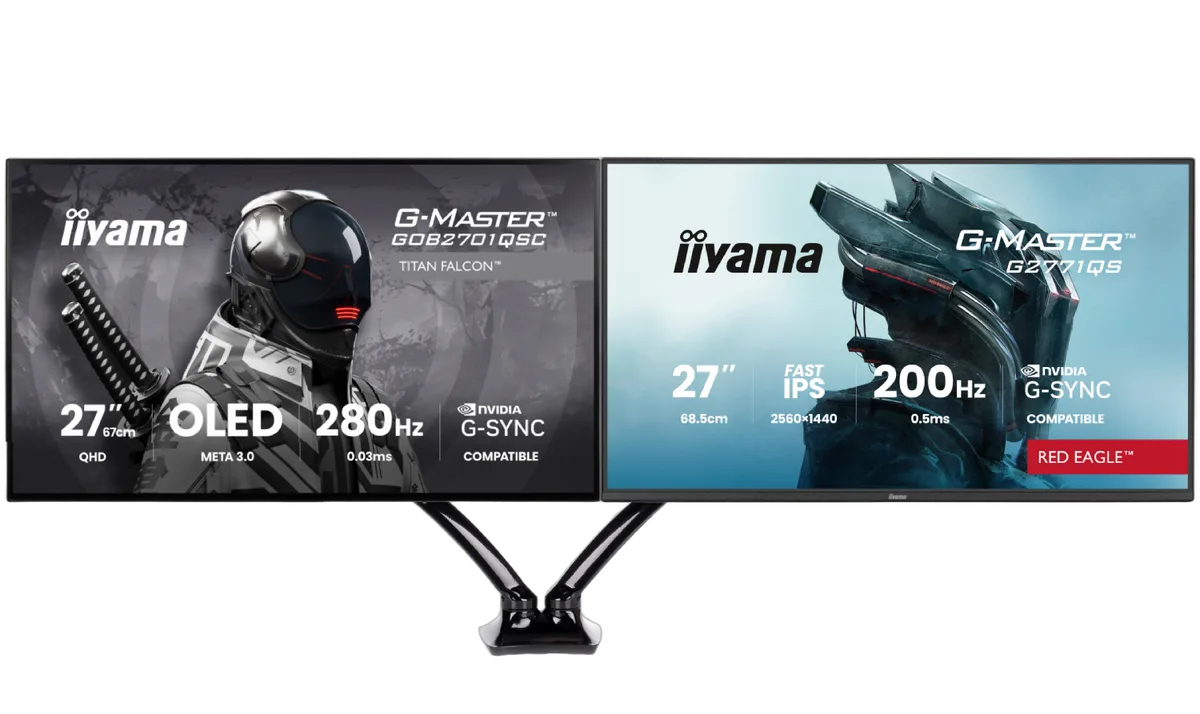 Iiyama 27" WOLED QHD 280Hz/USB-C 65W/G-SYNC + 27" QHD 200Hz IPS + Bras double, vue 1