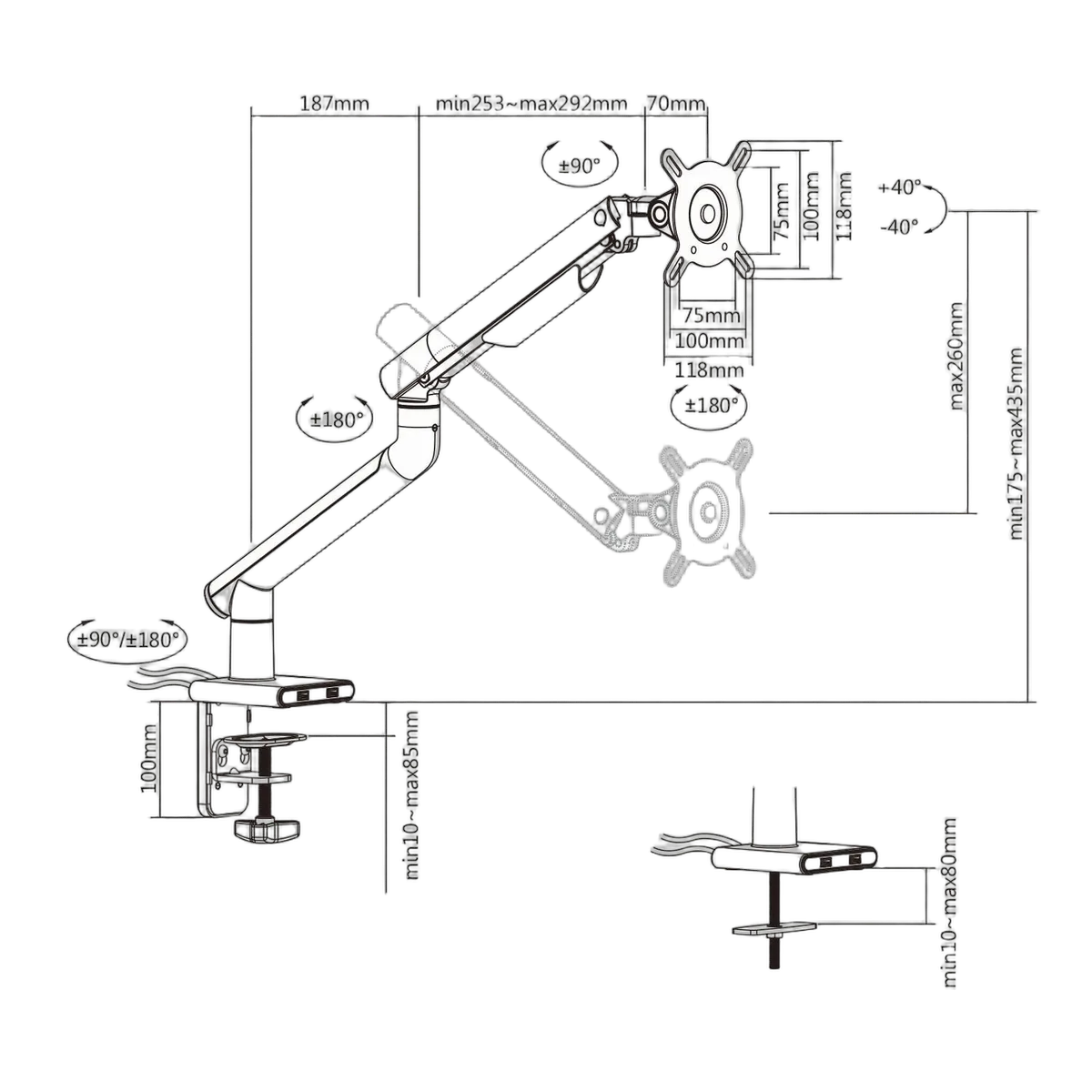 Kimex International Support de bureau Full Motion écran 17"- 32" Blanc VESA Max 100x100 Charge Max 9Kg, vue 3