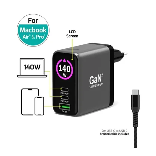 Port Chargeur écran OLED GaN 140W 3 ports + Câble USB-C - 2m