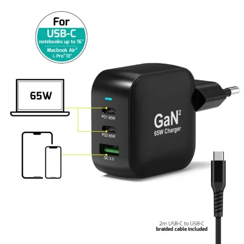 Port Chargeur mural 65W GaN 3 ports + Câble USB-C - 2m