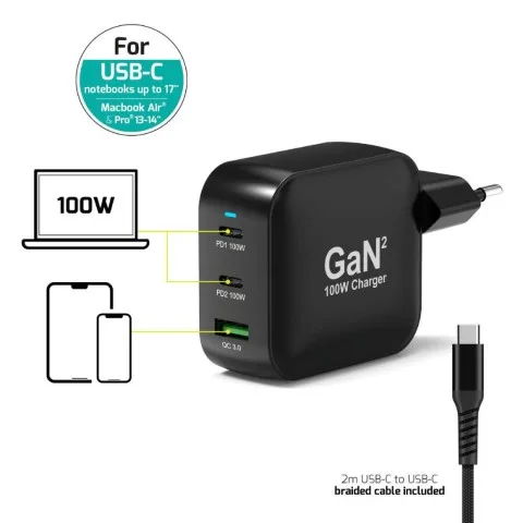 Port Chargeur mural 100W GaN 3 ports + Câble USB-C - 2m, vue 5