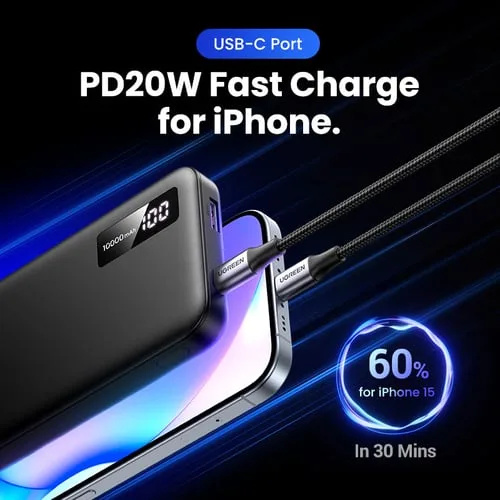 UGREEN USB-C + USB-A - 2 ports - 10000mAh - 20W - Noir, vue 3