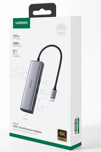 UGREEN Dock USB-C 7 en 1 - USB-C vers 2xUSB 3.0+HDMI+RJ45+USB-C+SD+MicroSD - 4K 60Hz - 100W - 0,20m - Gris