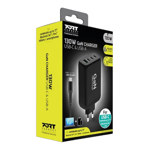 Port Chargeur mural GaN 130W 4 ports + Câble USB-C - 2m, vue 2