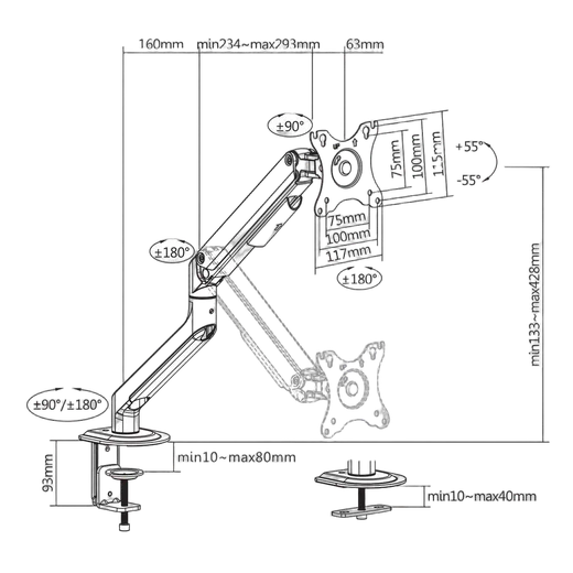 Kimex International Support de bureau Full Motion 1 écran PC 17"- 32" VESA Max 100x100 Charge Max 9Kg