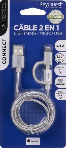 KEYOUEST Câble USB/Lightning/Micro USB-B - 1.2m - Gris, vue 2